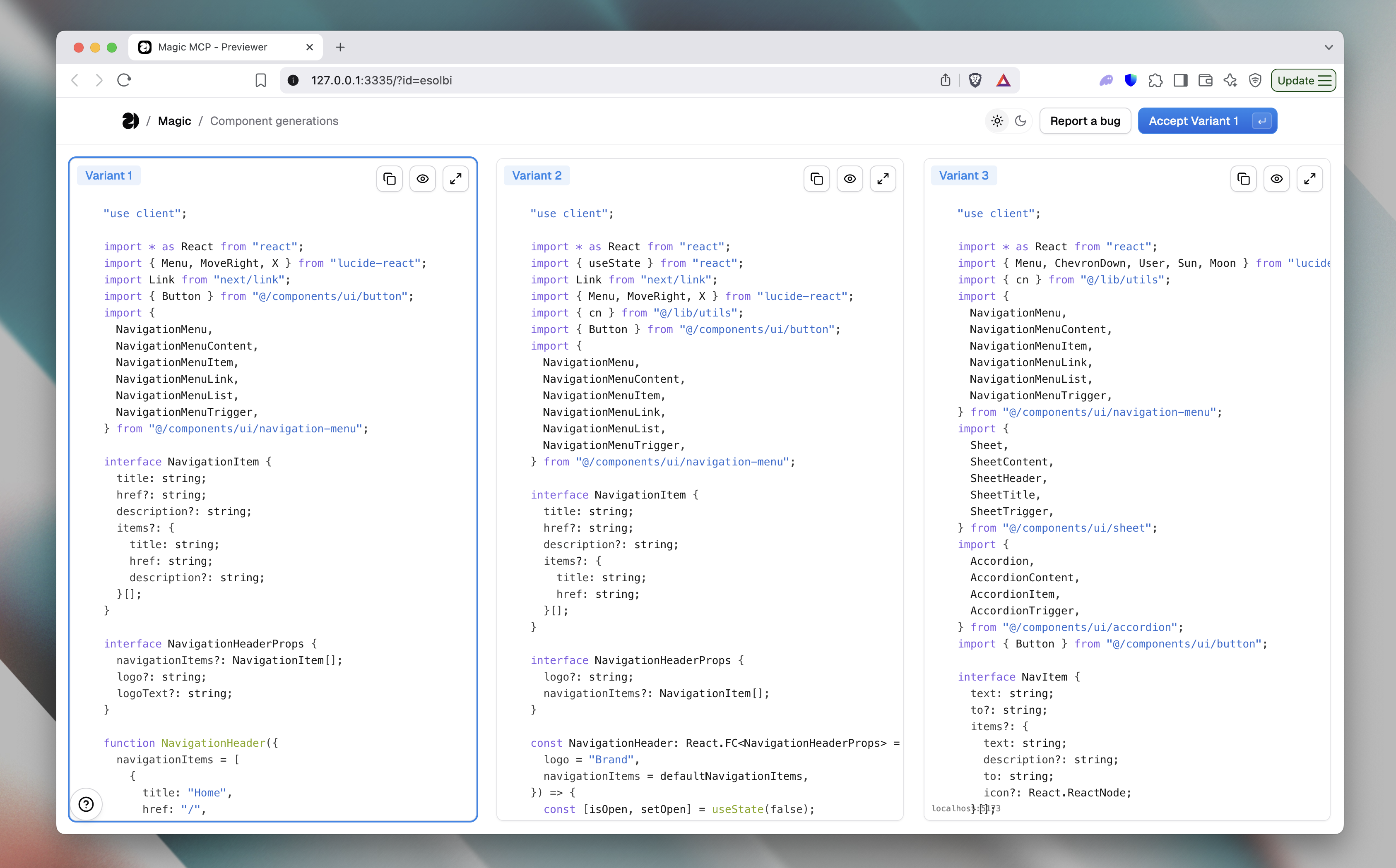 UI of web selection in Magic MCP