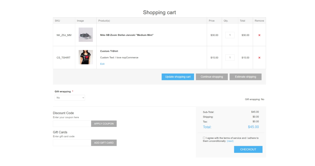 nopCommerce shopping cart