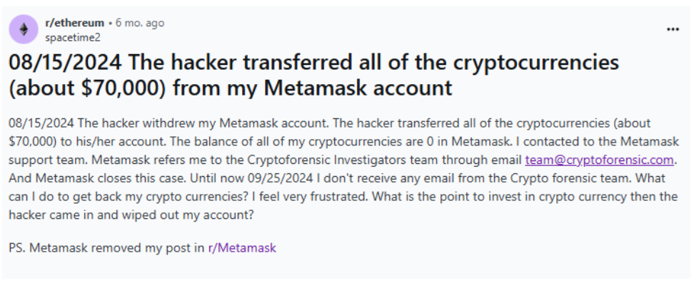 Image Source: Reddit user reports losing $70,000 from their MetaMask wallet.