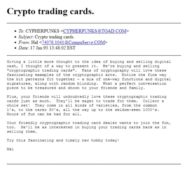 Hal discusses "crypto trading cards" in 1993
