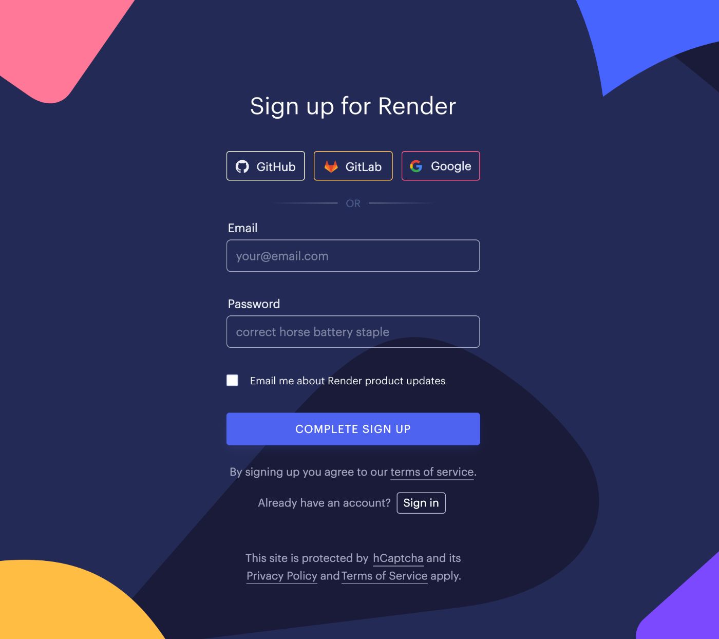 Render sign up