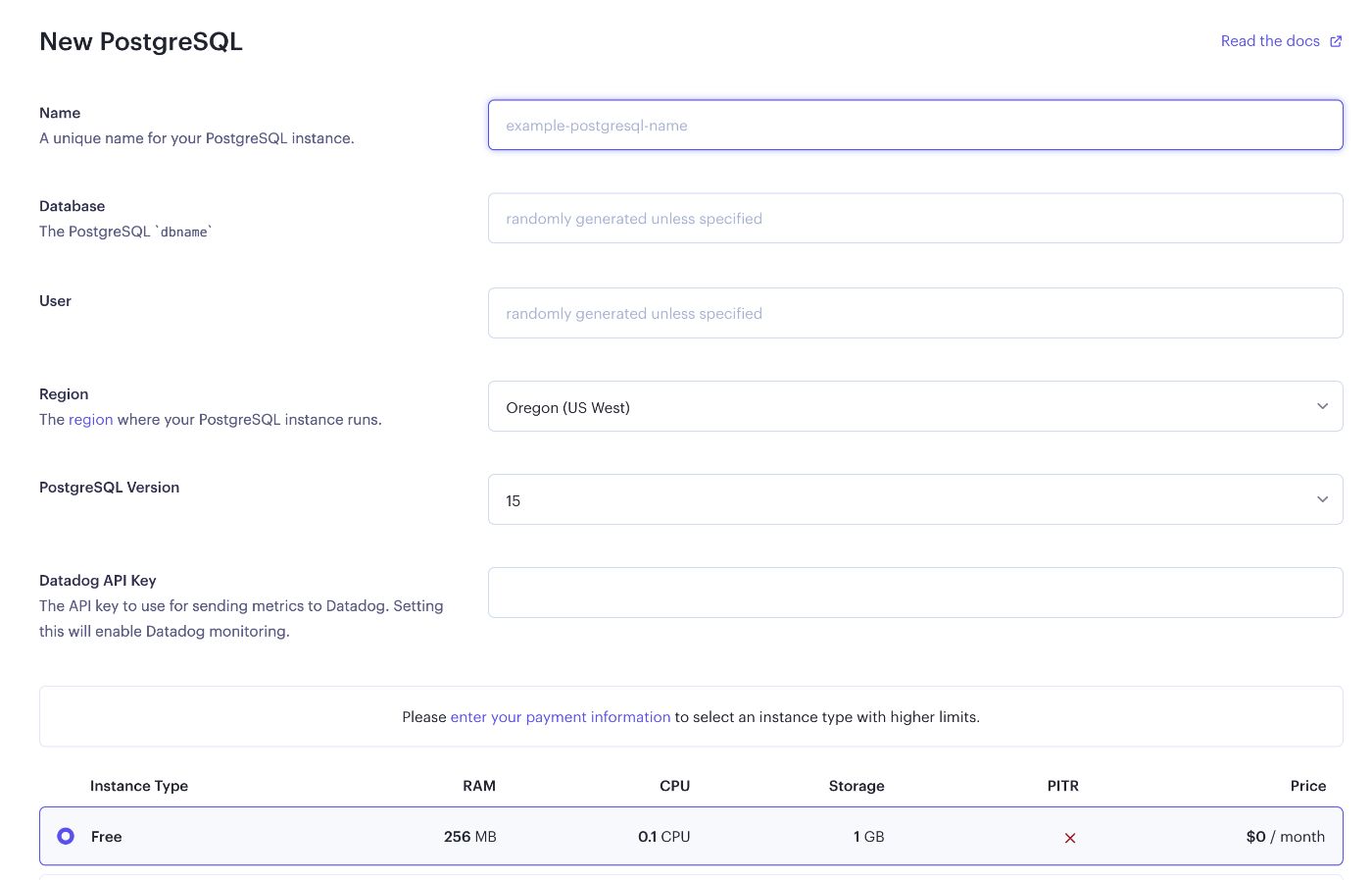 Postgres instance setup Render