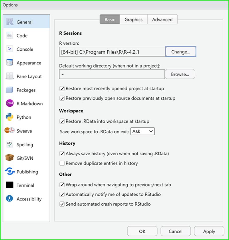 RStudio Options Window - Select R Version