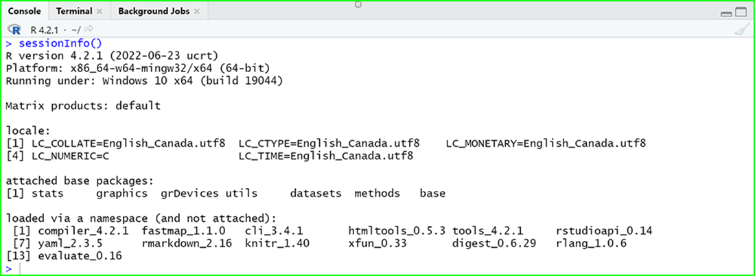 RStudio Console contents after 'sessionInfo()' prompt.