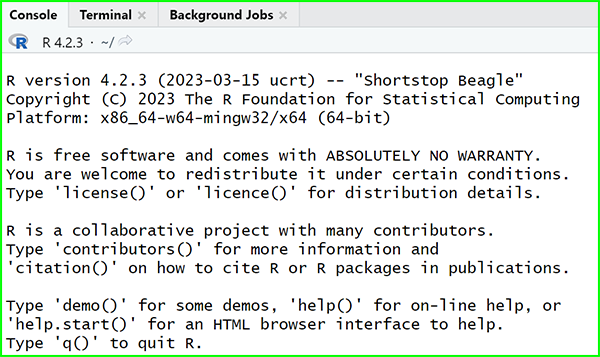 RStudio console message - R version 4.2.3 "Shortstop Beagle"