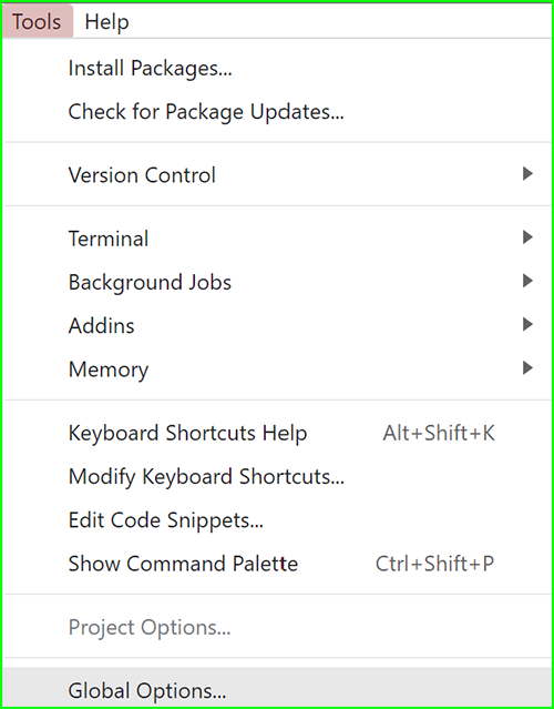 RStudio Tools Tab - Global Options