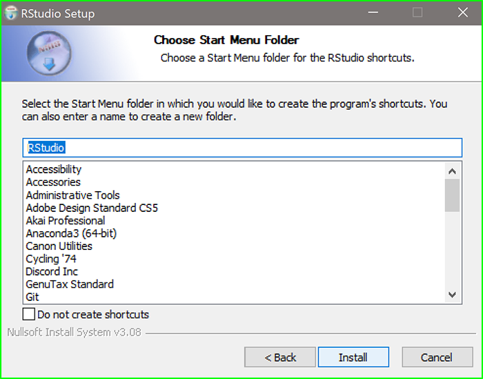 RStudio Start Menu Folder