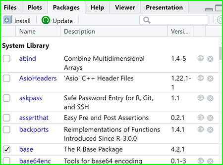 RStudio - Packages tab.