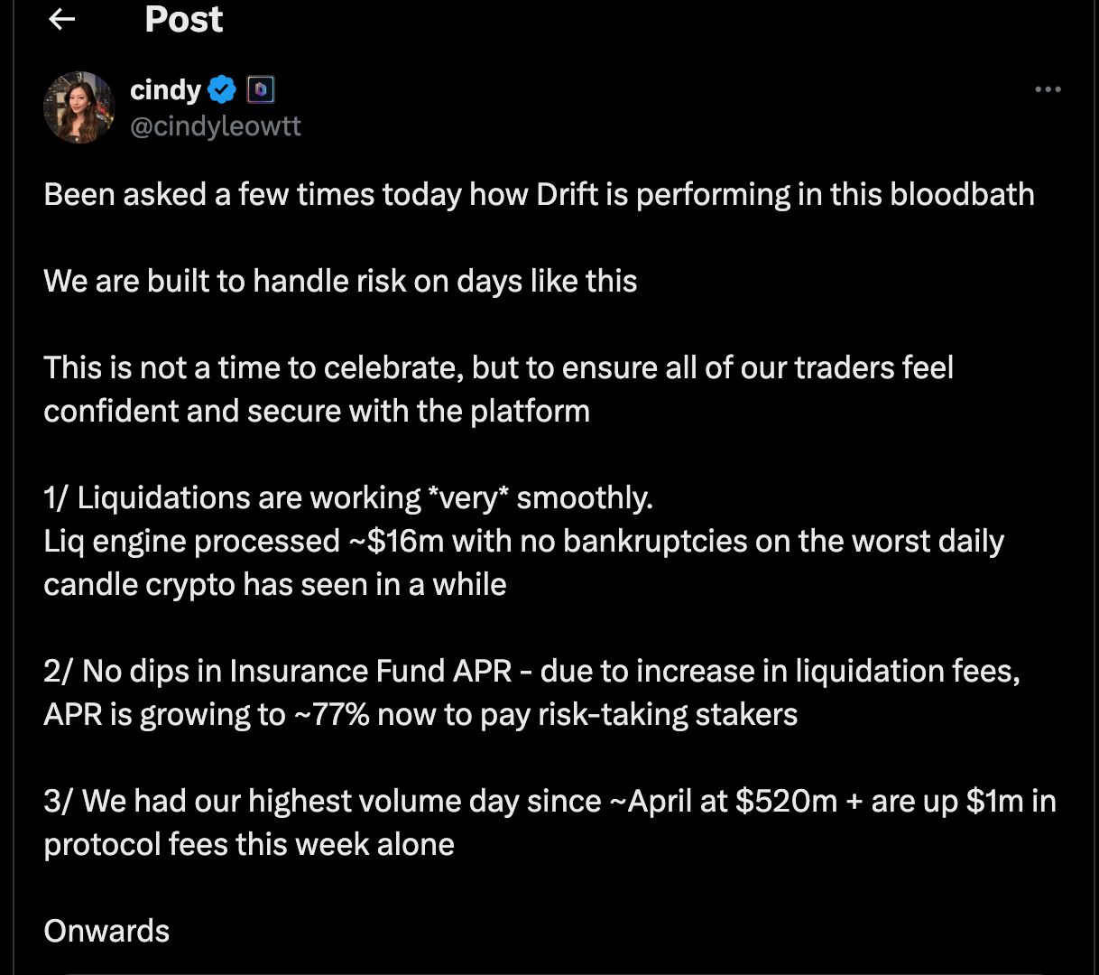 Post on X by Drift's CEO last week during the general market downtime.