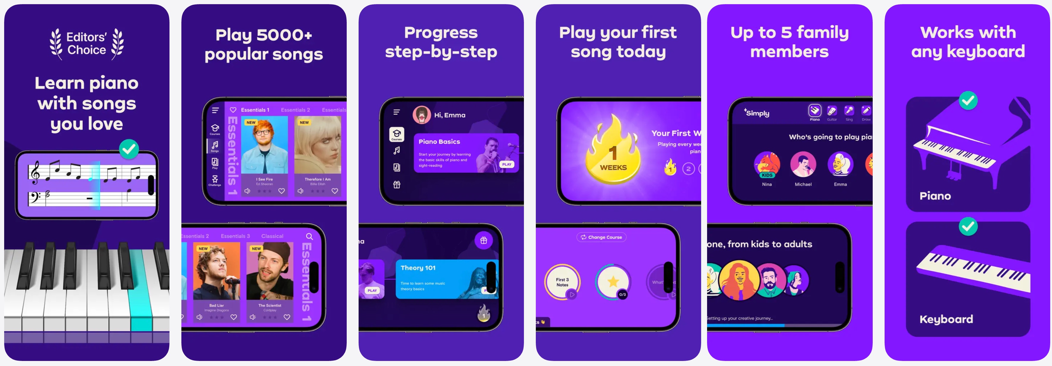 Simply Piano app interface showing gamified piano lesson