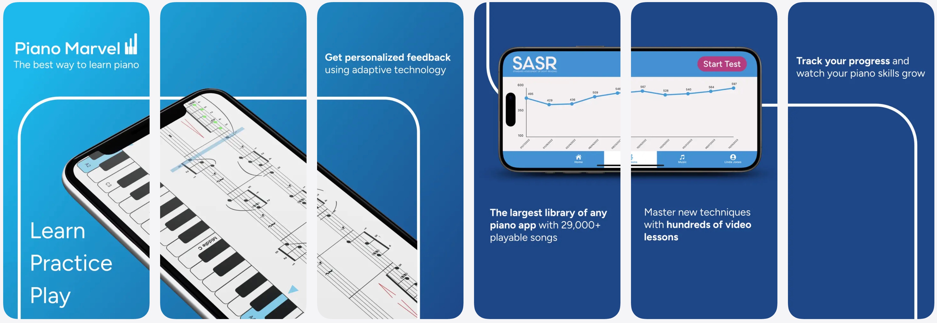 Piano Marvel interface showing SASR sight-reading assessment