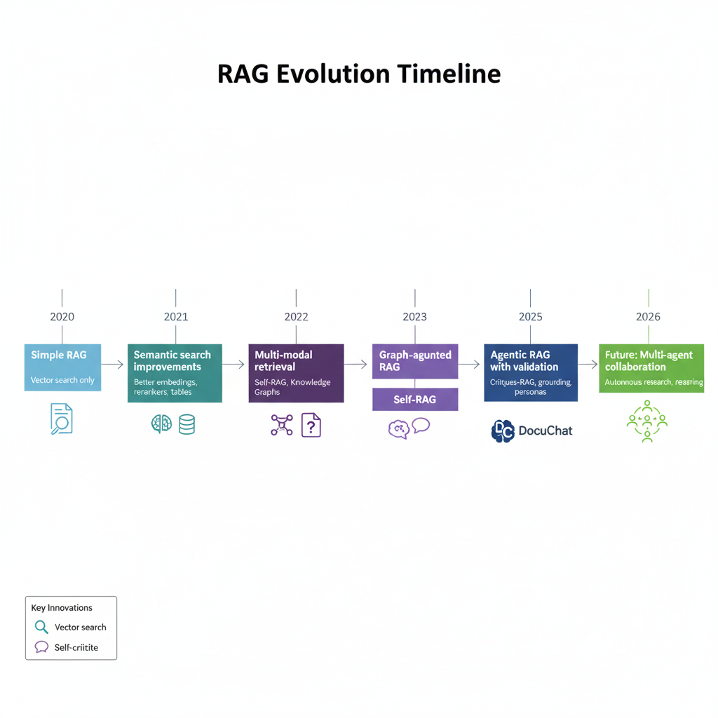 This timeline charts the evolution of Retrieval-Augmented Generation (RAG) systems from basic vector search in 2020 to advanced agentic architectures like DocuChat in 2025, culminating in future multi-agent collaboration concepts.