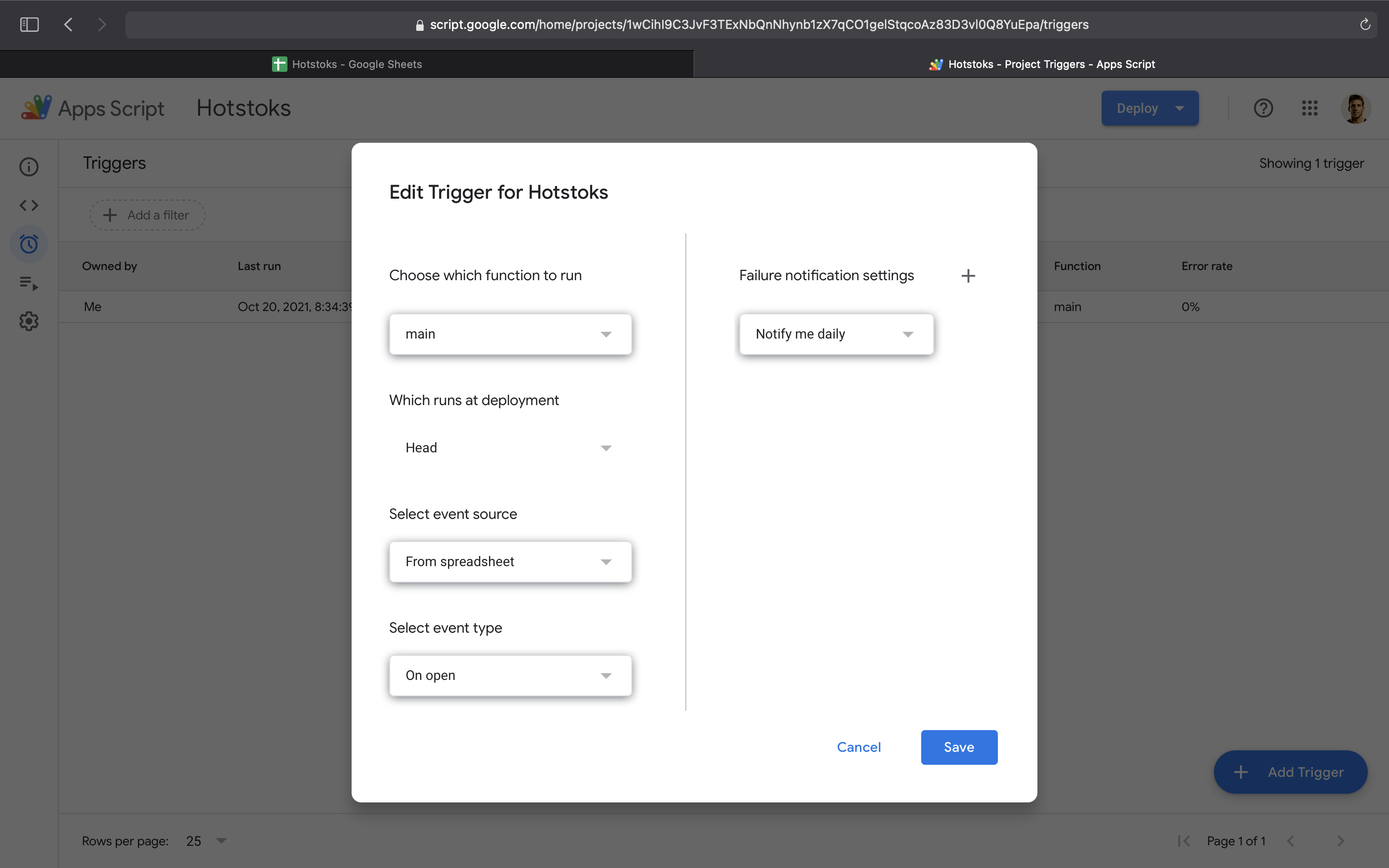 App script trigger settings