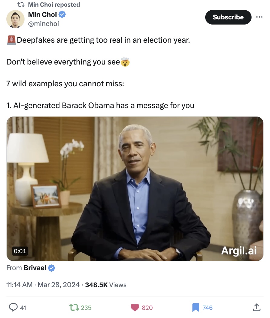 Below is an X post that shows a Barack Obama deepfake. The post also shows how lifelike the other deepfakes posted there are.