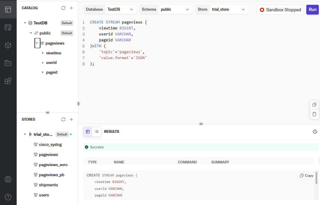 DeltaStream Stream creation example