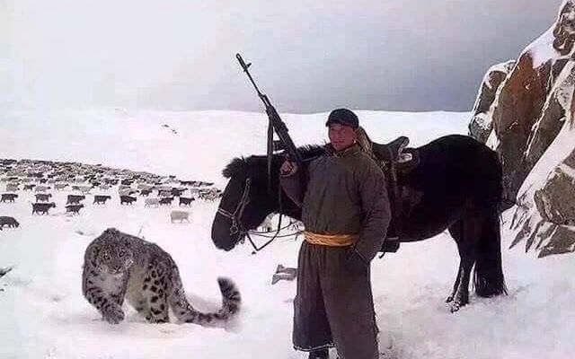 Mongol with snow leopard
