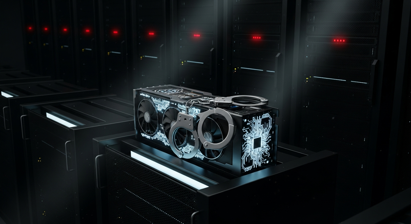 A dark server room with red warning lights, handcuffs on a GPU