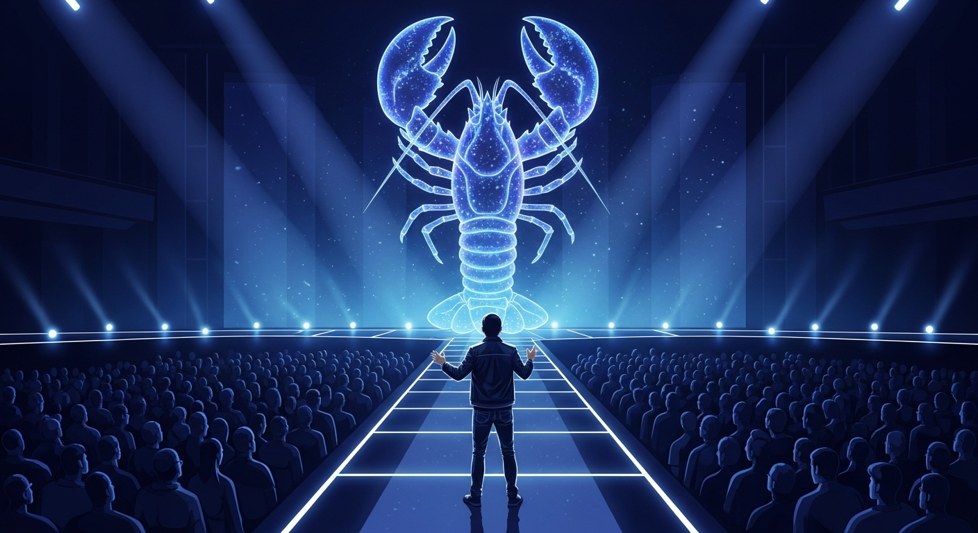 A tech conference stage with a figure gesturing at a holographic lobster logo