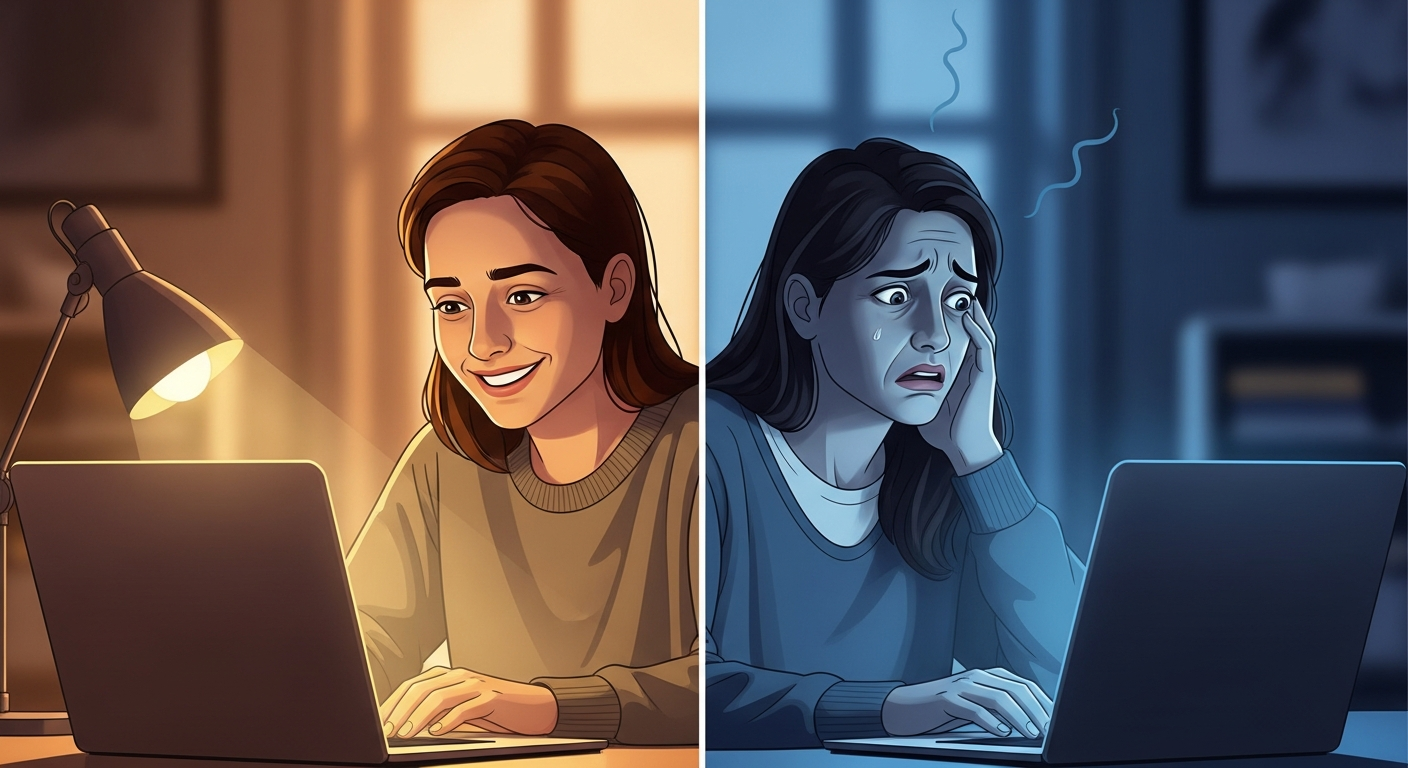 Split image: person smiling in warm light on one side, anxious in blue light on the other