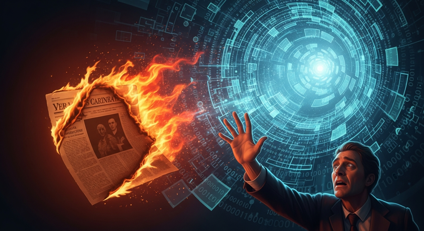 A burning newspaper being pulled into a digital vortex, an archivist reaching to save it