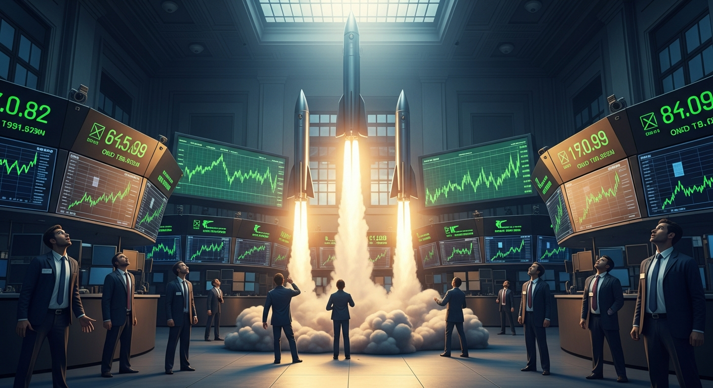 Three rockets launching from a stock exchange floor, traders watching with screens showing upward charts