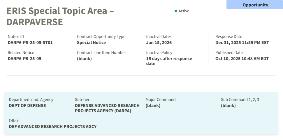 According to the DARPAVERSE announcement: