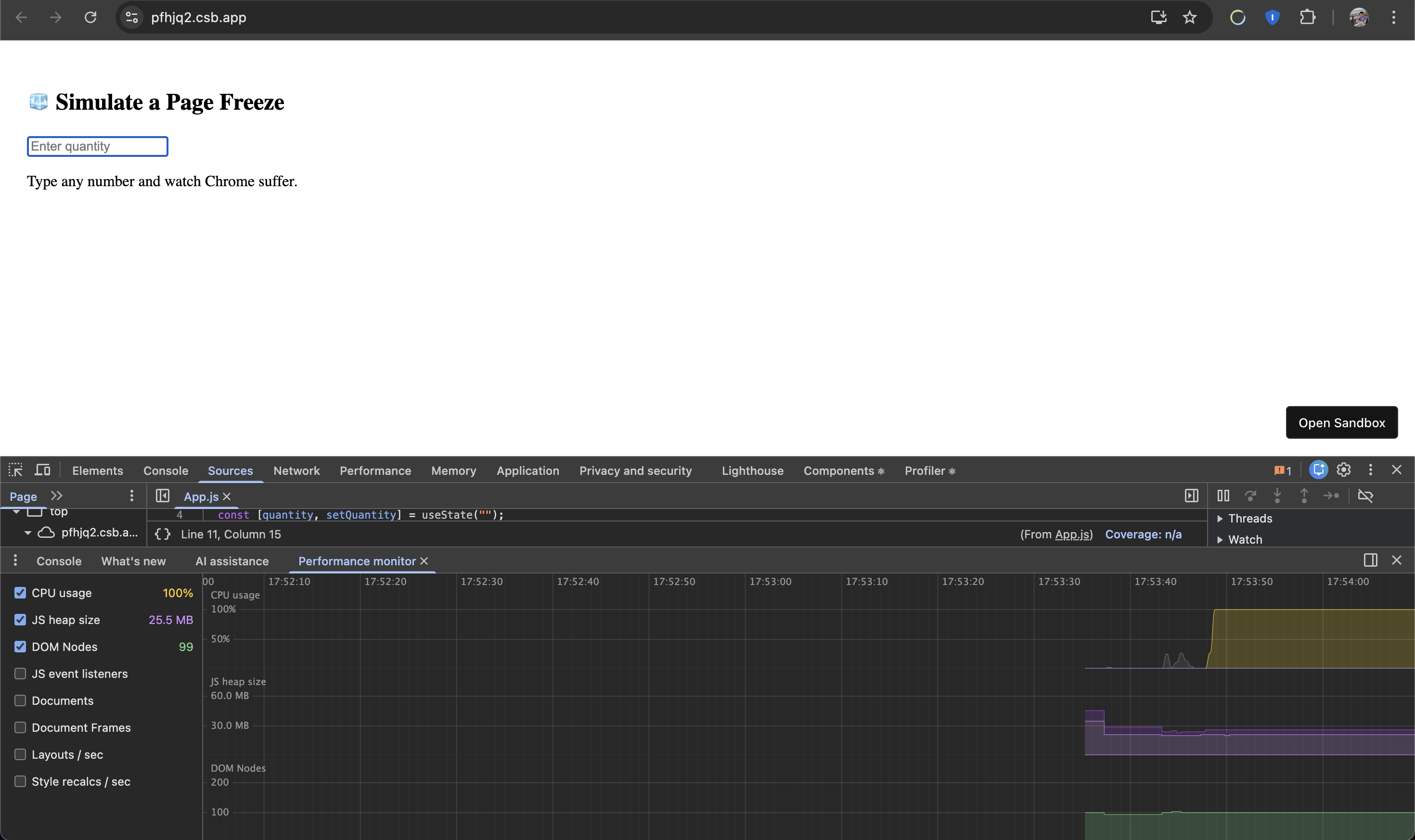 100% cpu usage on page freeze