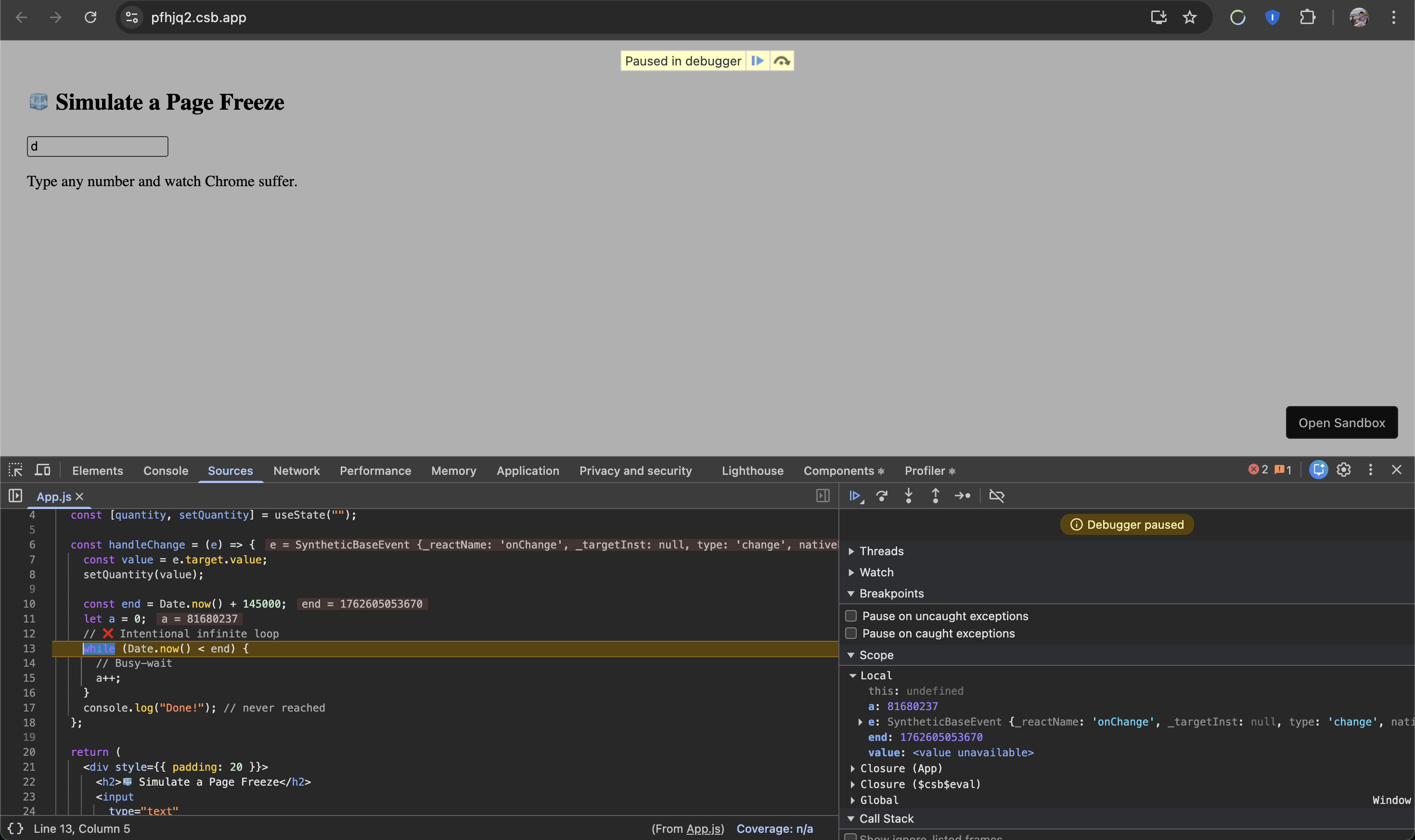 JS execution paused via pause button in chrome devtools