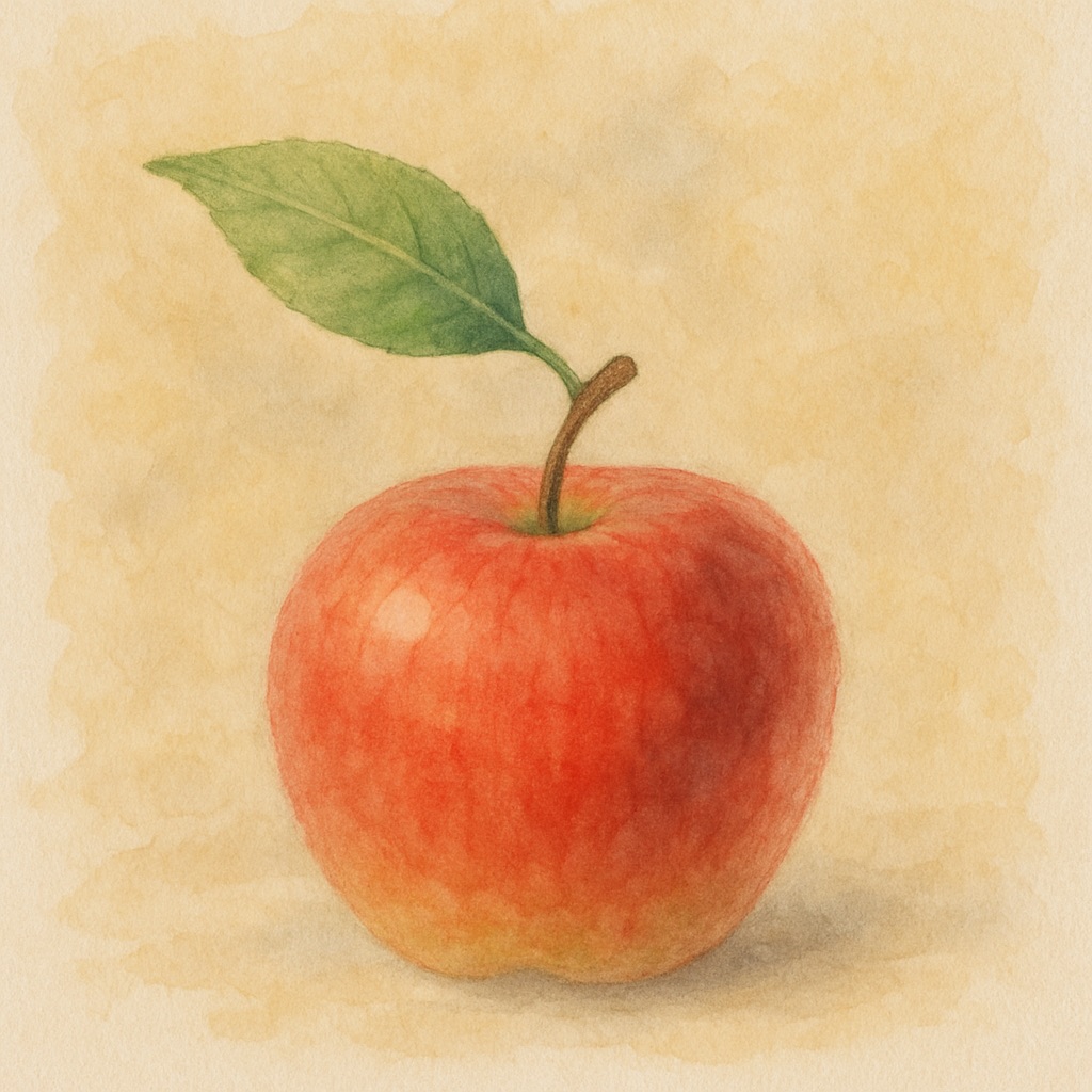  “Generate an apple with two leaves where both leaves face to the left side in watercolour style”.