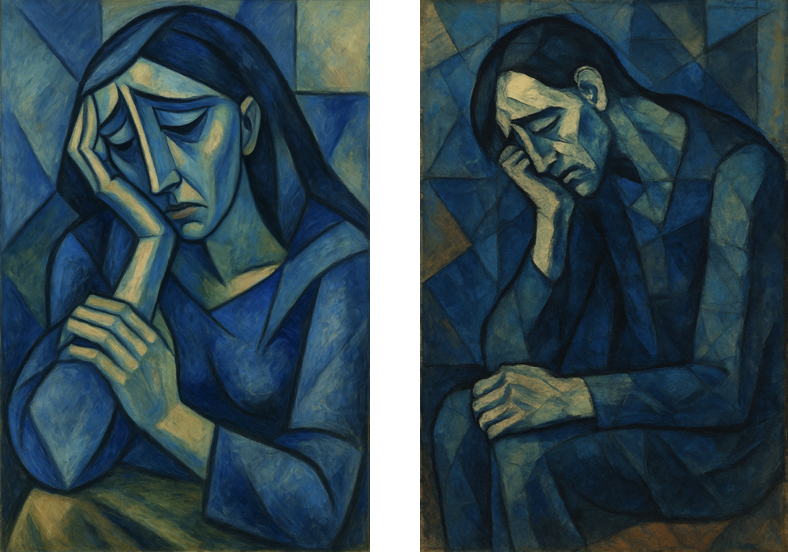 Generated by DALL-E 3 using the prompt: Generate a sad picture in the style of Pablo Picasso
