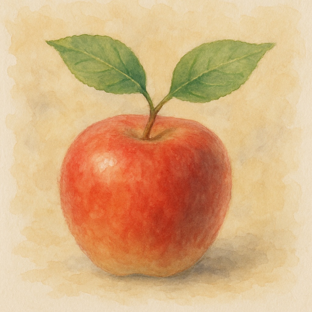  “Generate an apple with two leaves that face the same direction in watercolour style”.