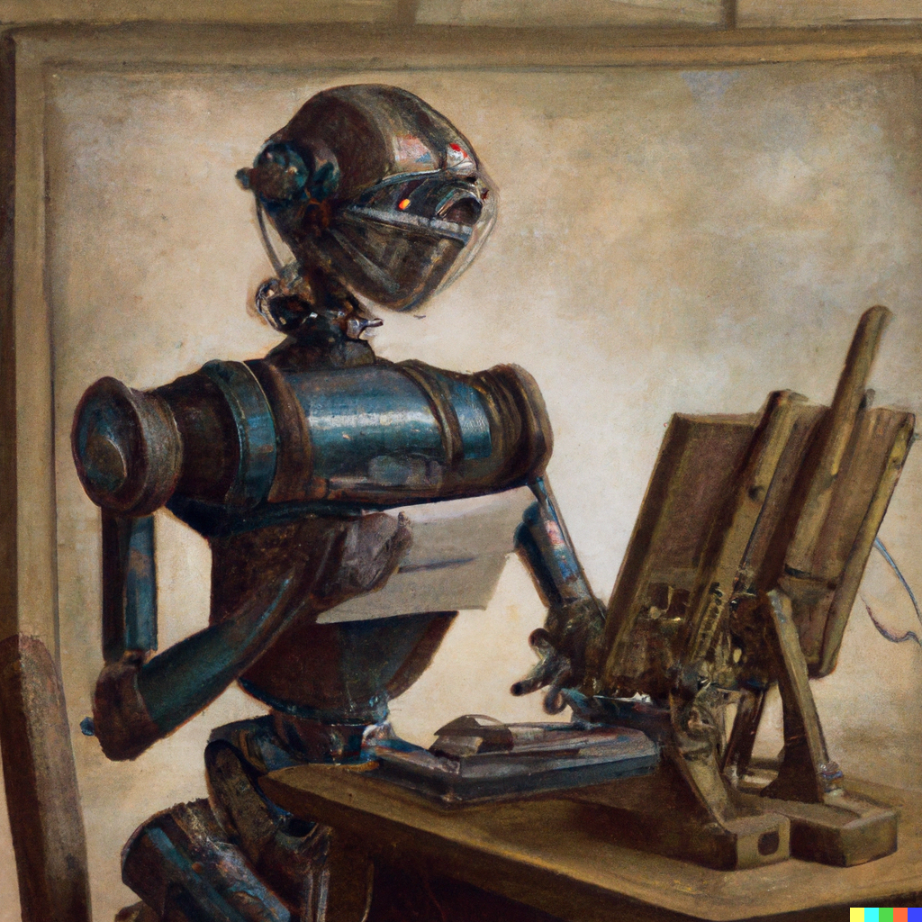 ImageAn oil painting of a robot working on a computer by Leonardo da Vinci (Generated by OpenAI)