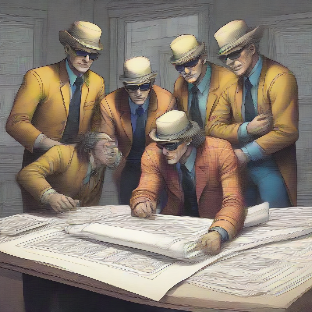 a bank robbing crew looking at blueprints colorful