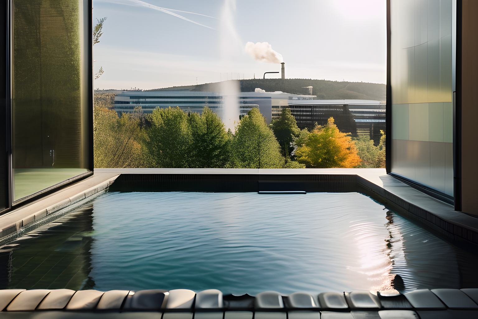 A bath filled with boiling water, the facebook hq in the background