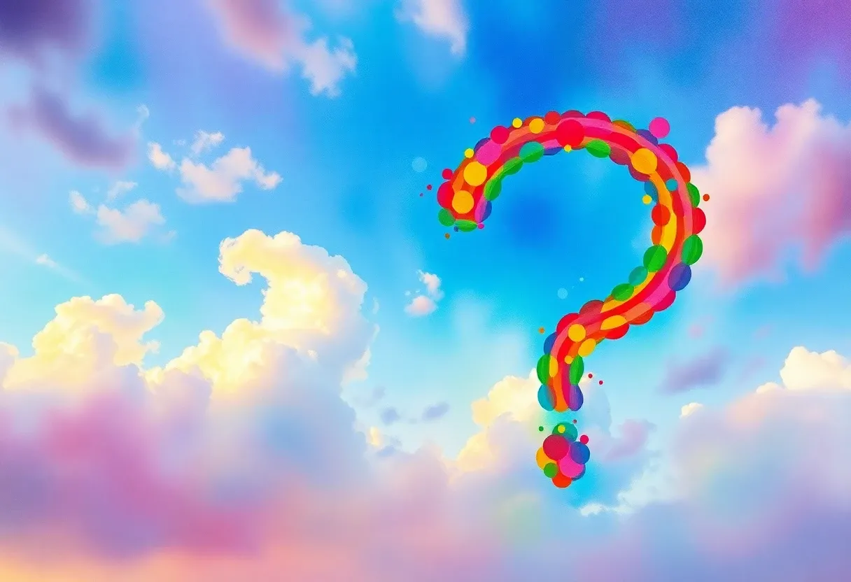 a big colorful question mark in the sky waterpaint artstyle