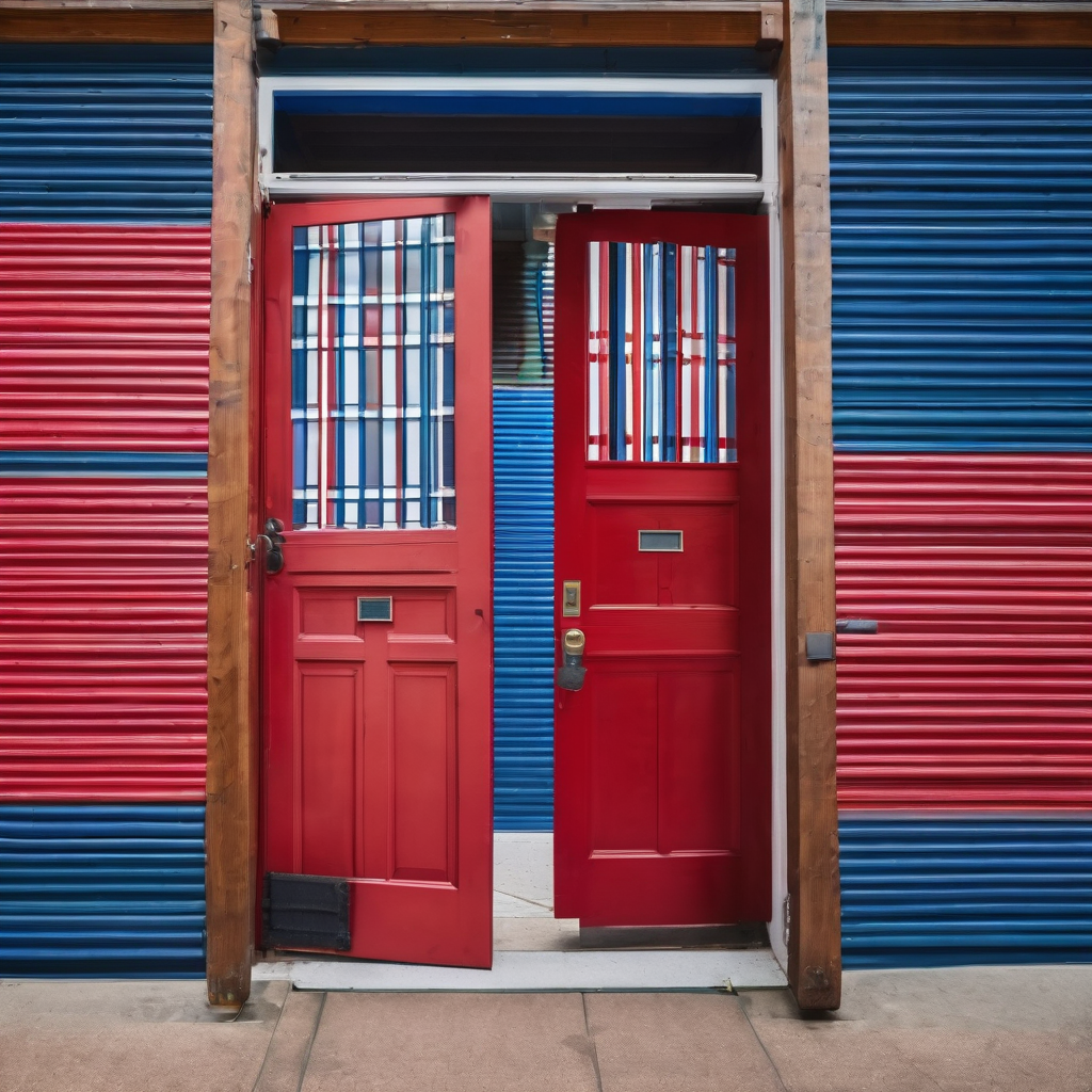 a big red white and blue door being opened