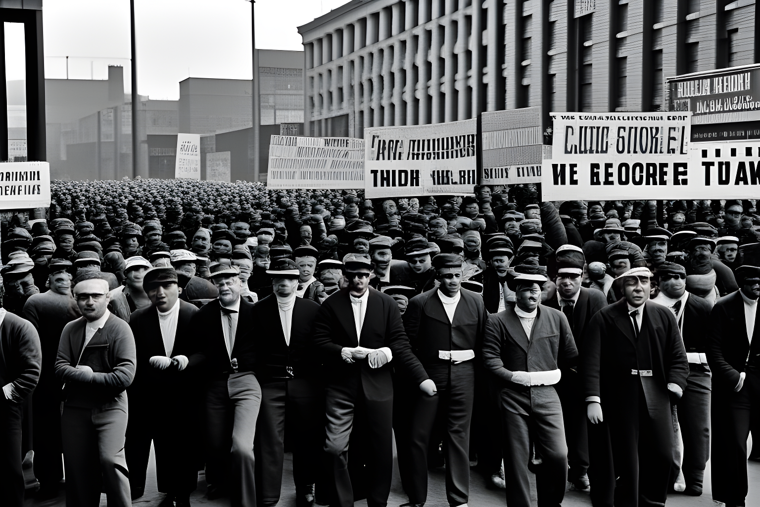 a black and white photo of laborers striking