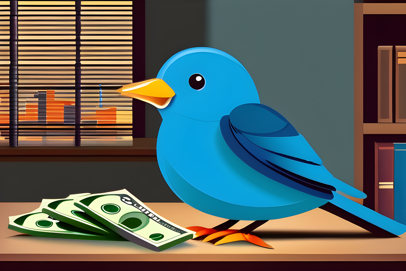 a blue bird paying a lawer with cash