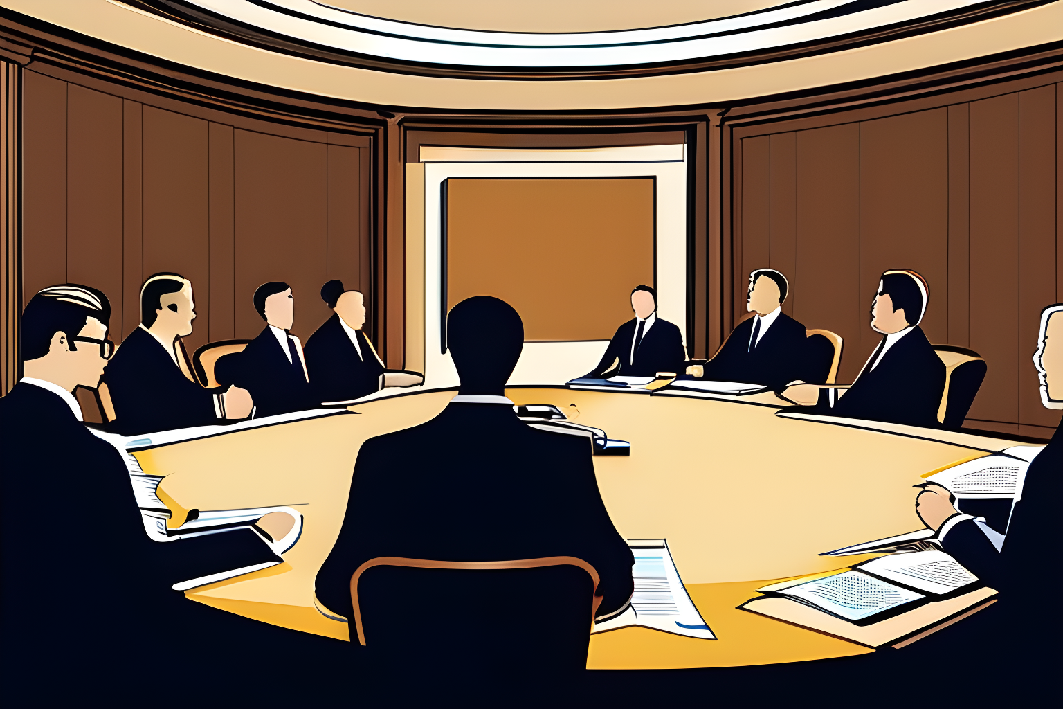 a board room with lawyers sitting around a round table