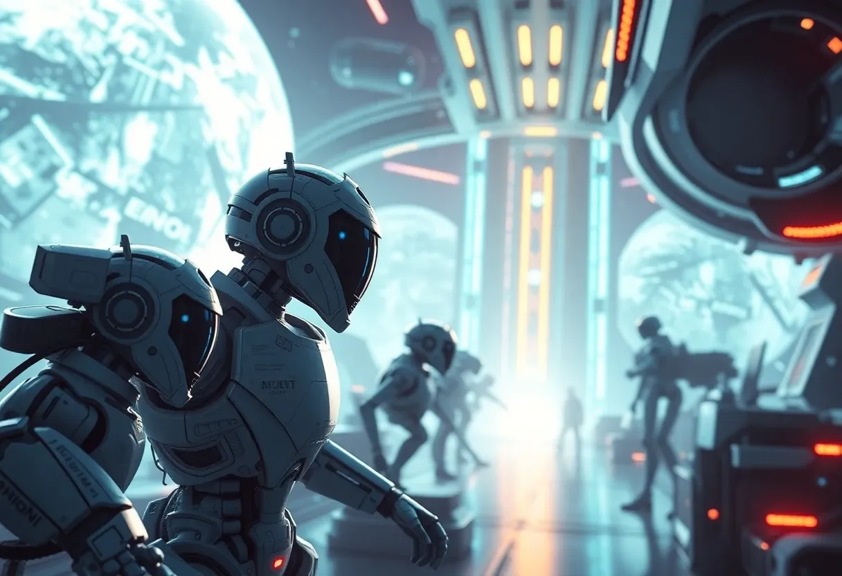 a bright and futuristic world filled with robots