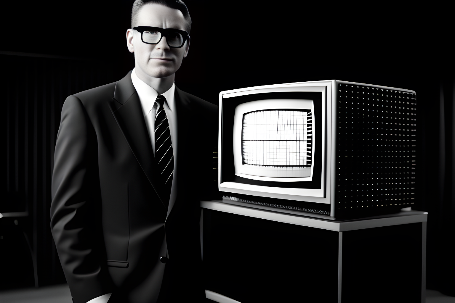 a businessman on an old black and white tv promoting his brand new product