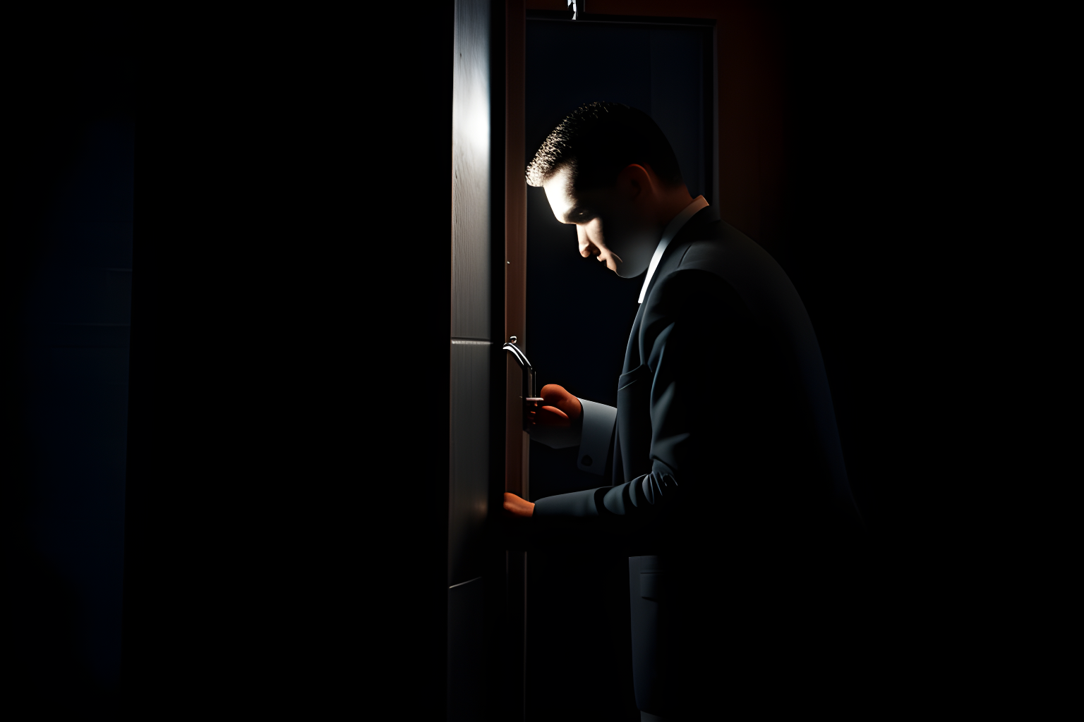 a businessman picking a lock on a door late at night