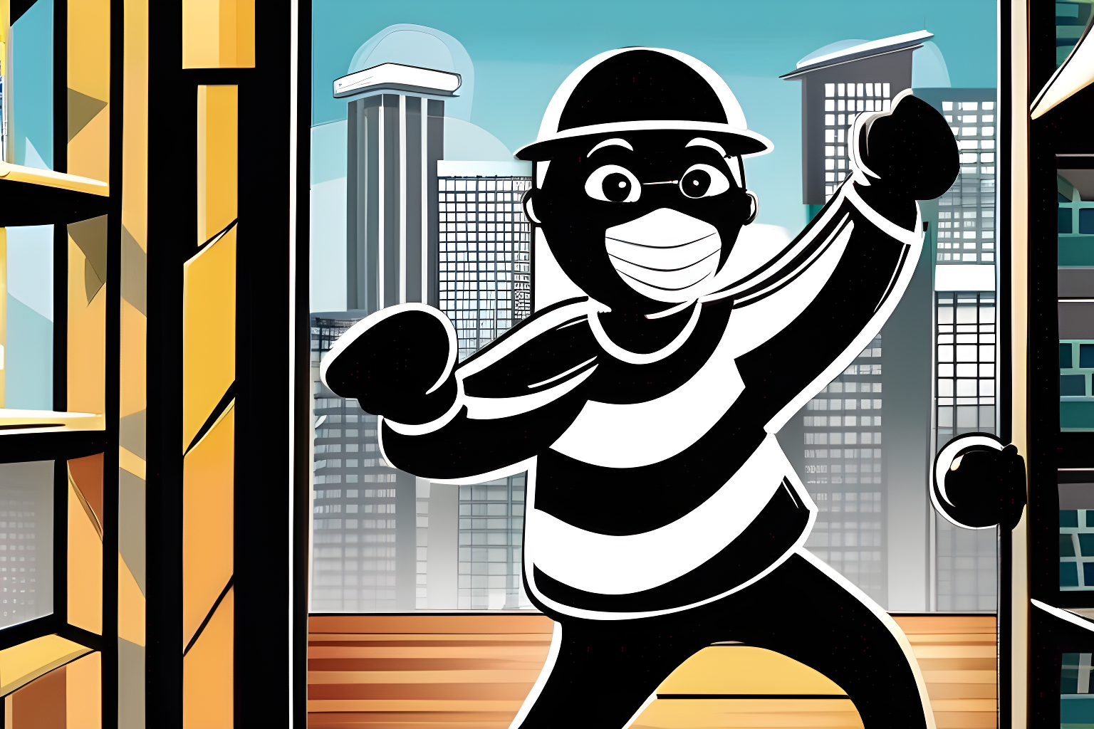a cartoon burglar in black and white clothes