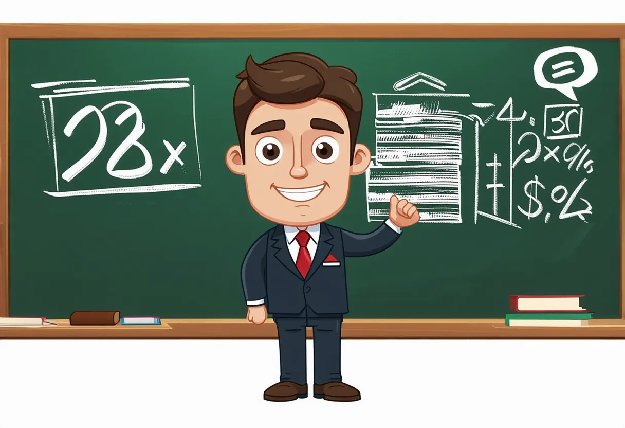 A cartoon CEO questioning numbers on a digital chalk board