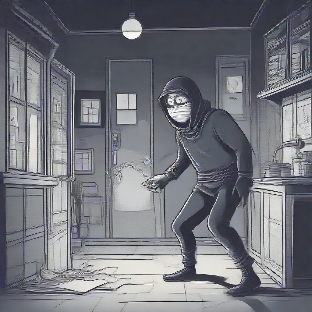 a cartoonish thief stealing in the middle of the night