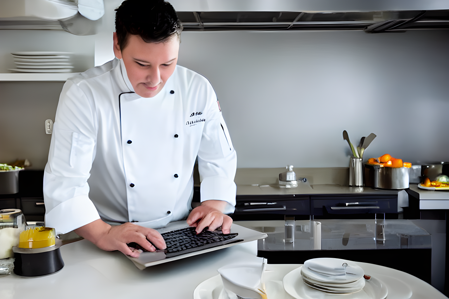a chef inside a five-star hotel's kitchen who is stirring a pot with his left hand and typing on a laptop with his right all the while enjoying himself