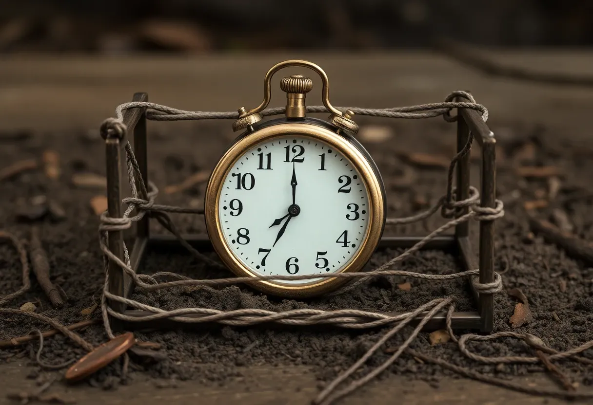 a clock stuck in a bear trap