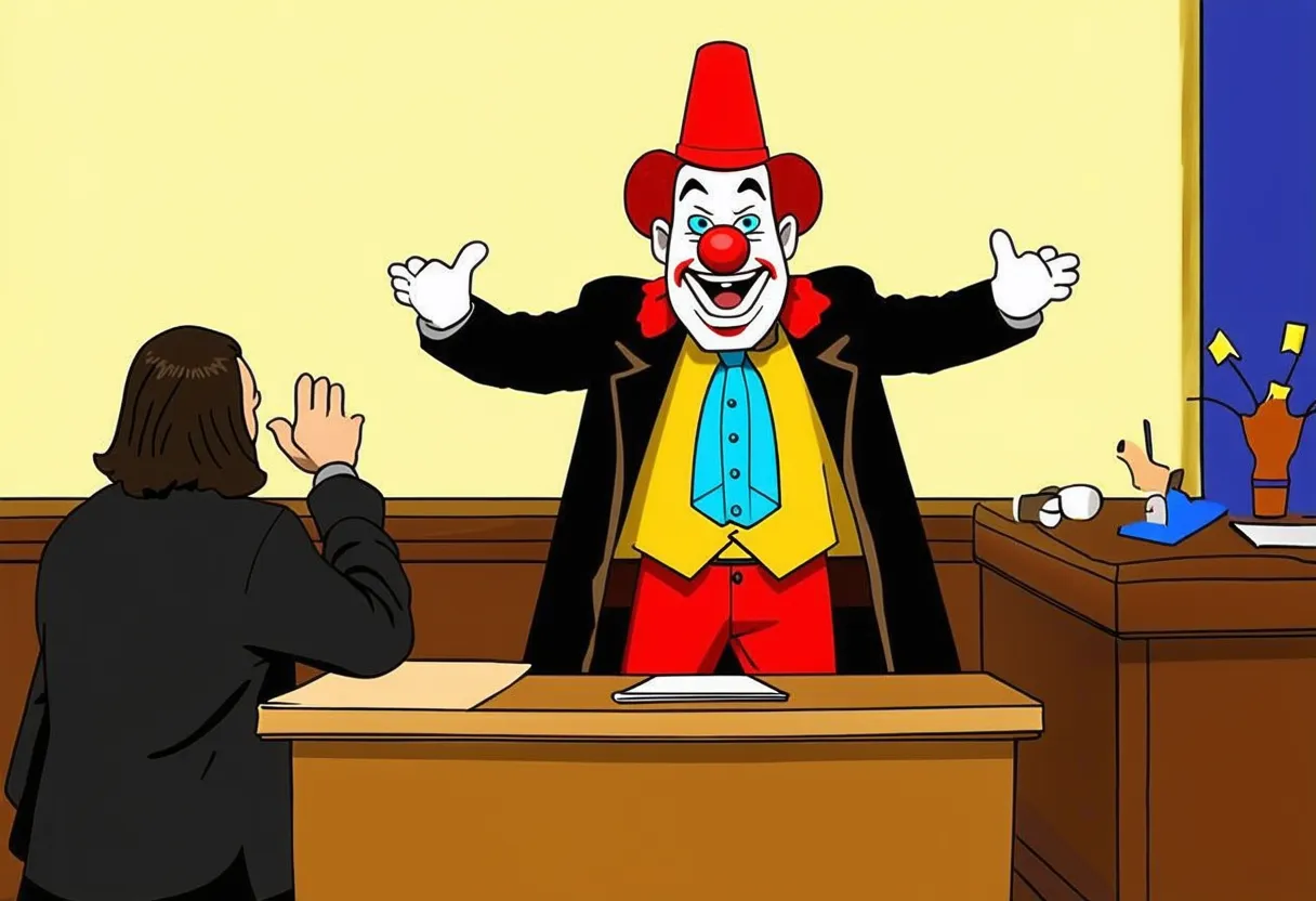 a clown performing in front of a judge in court cartoonish