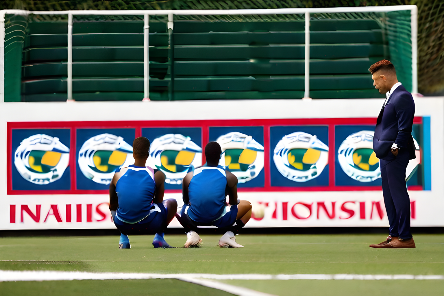 A coach looking at players in suits and dresses