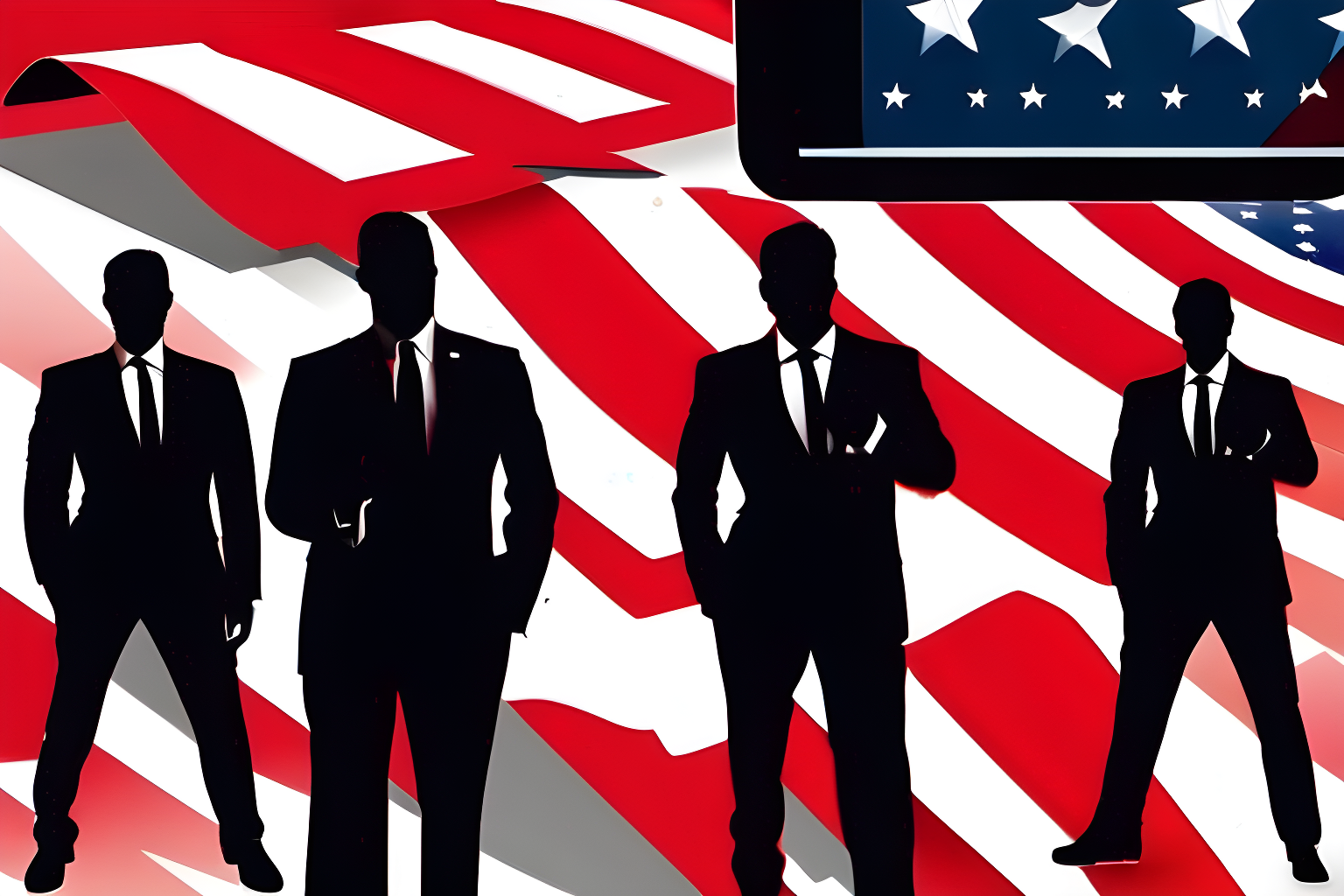 a collage of an iphone, men in black suits and the US flag